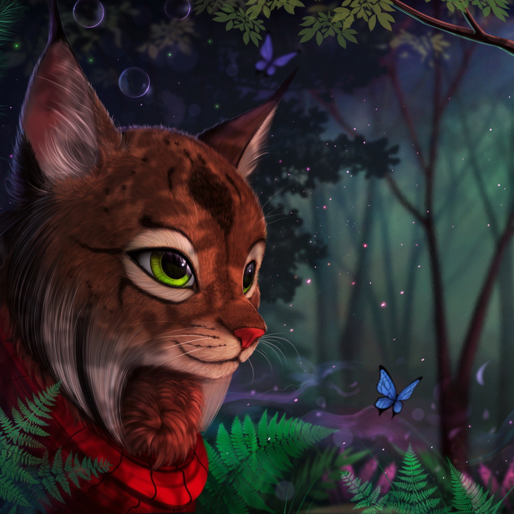 Фантастическая волшебная рысь в лесу с бабочками
