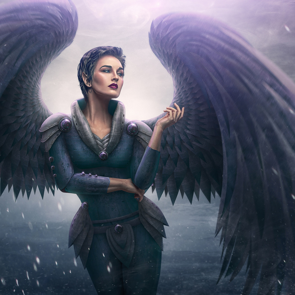 Фэтнези девушка ангел с большими черными крыльями