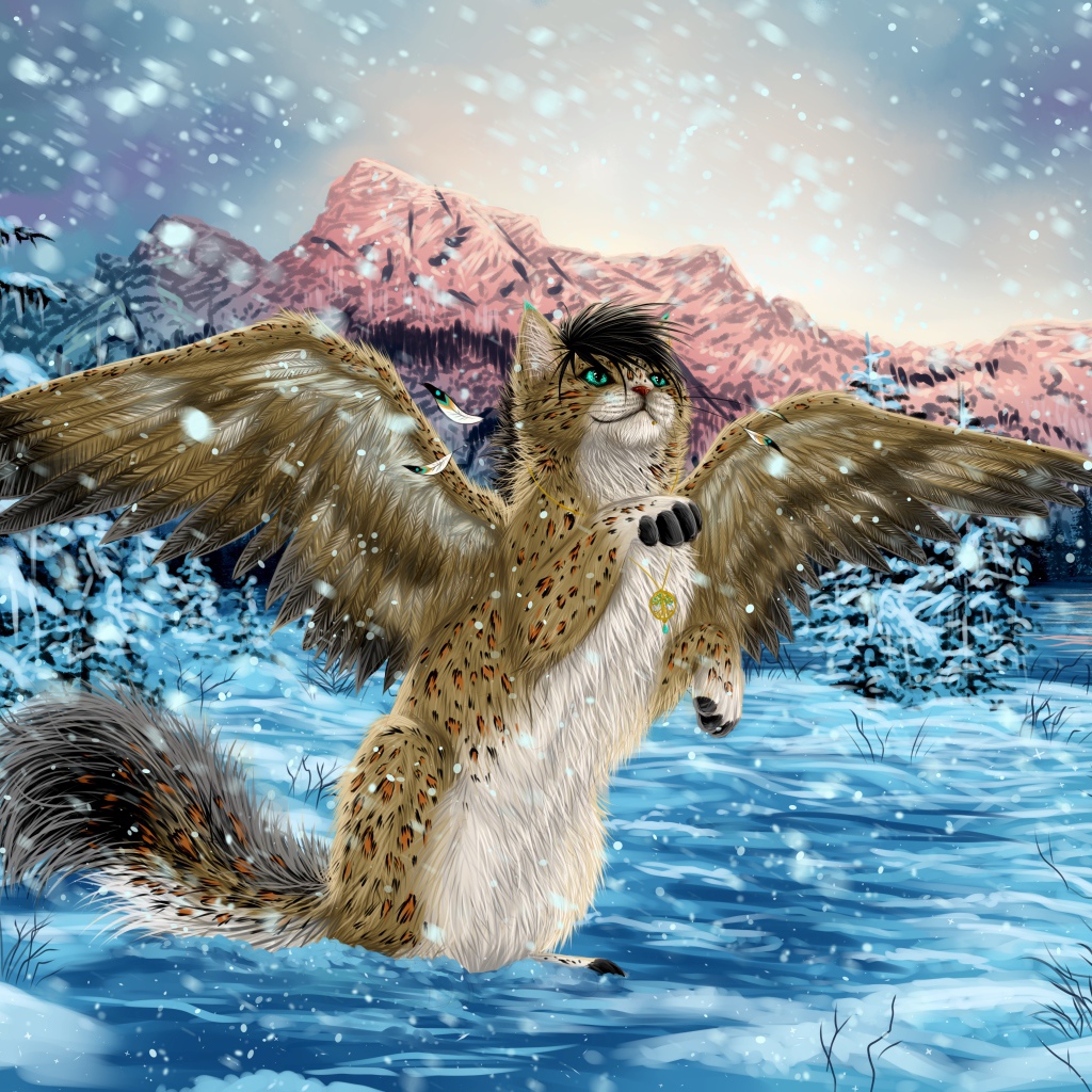 Волшебный кот с крыльями в зимнем лесу, фэнтези