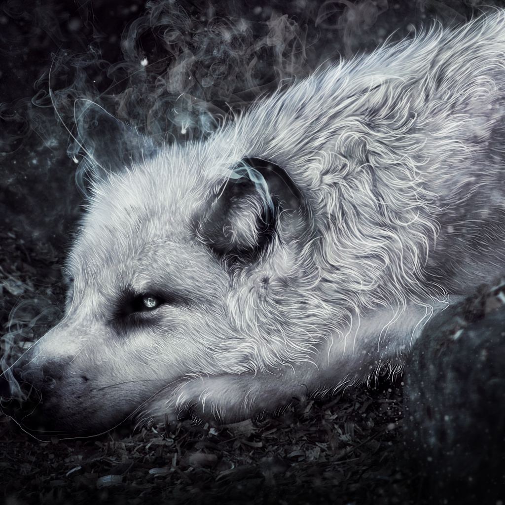 Фантастический волк лежит на земле