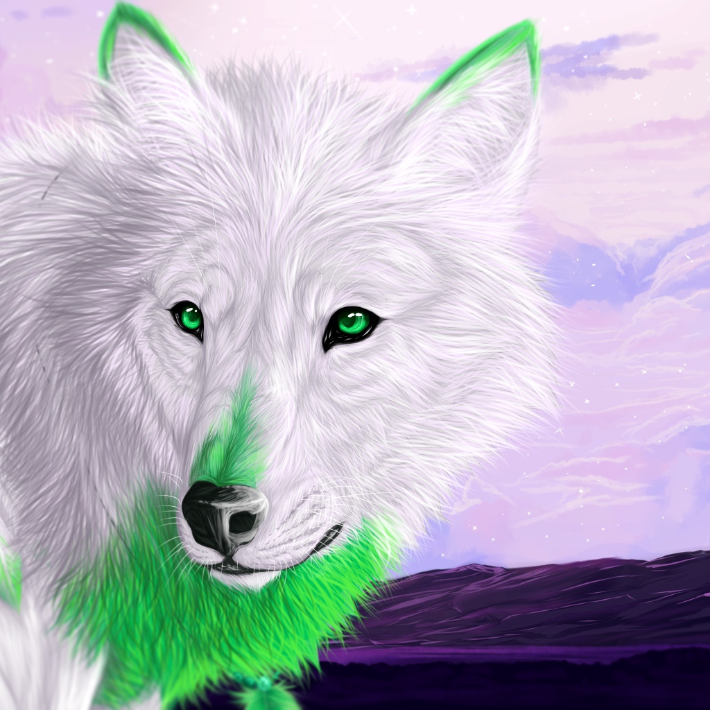 Белый волк с зелеными глазами