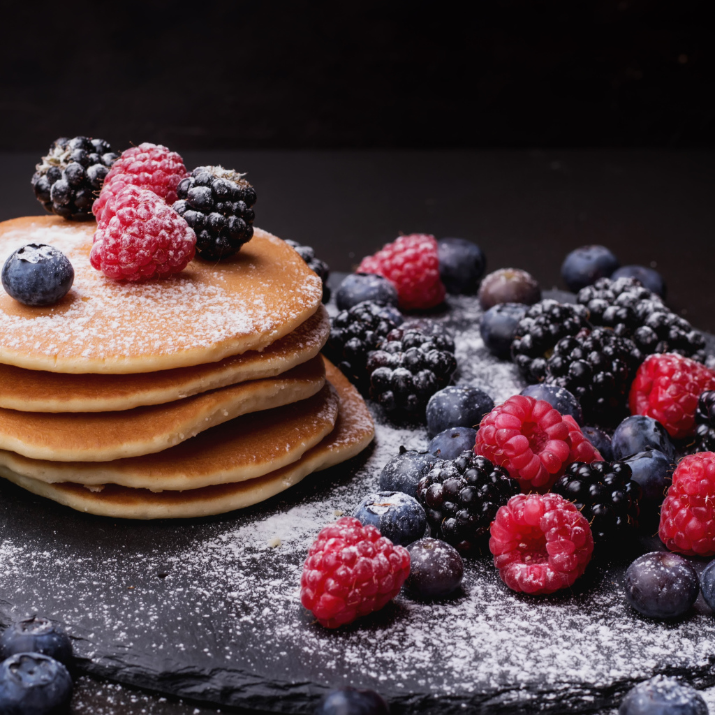 Вкусные свежие оладьи со свежими ягодами и сахарной пудрой