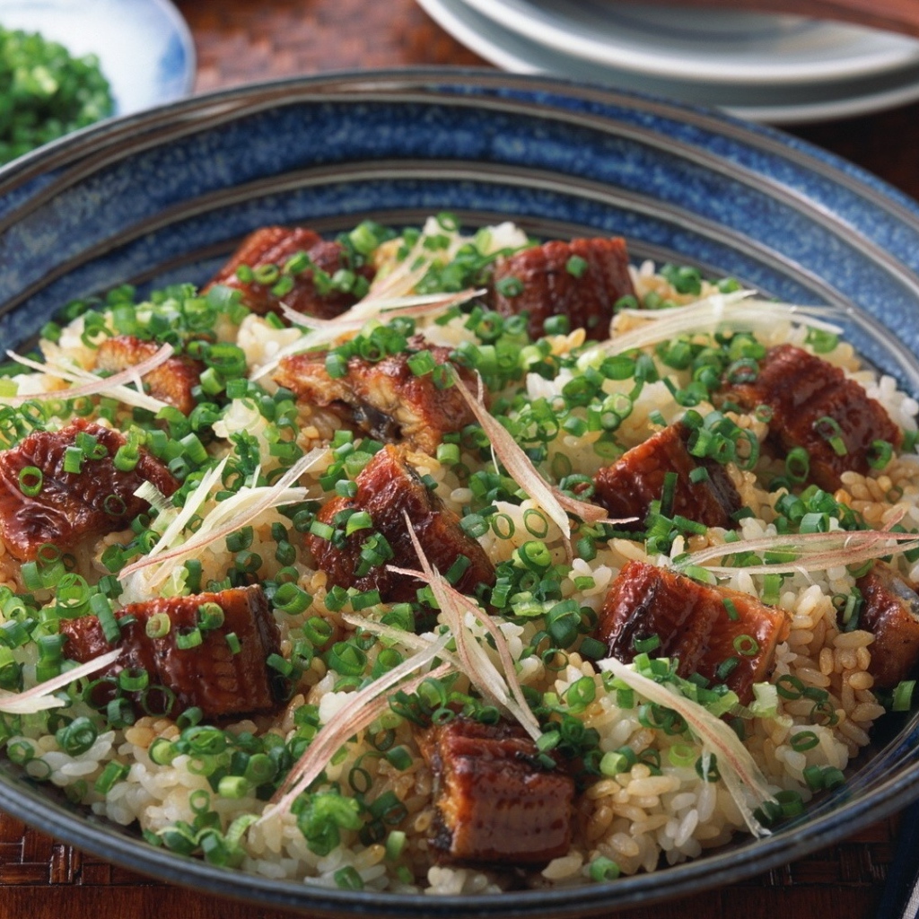 Рисовый плов с кусочками мяса и зеленым луком на столе