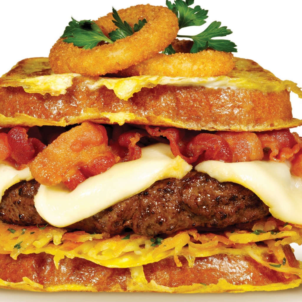 Сытный бургер с котлетой на белом фоне