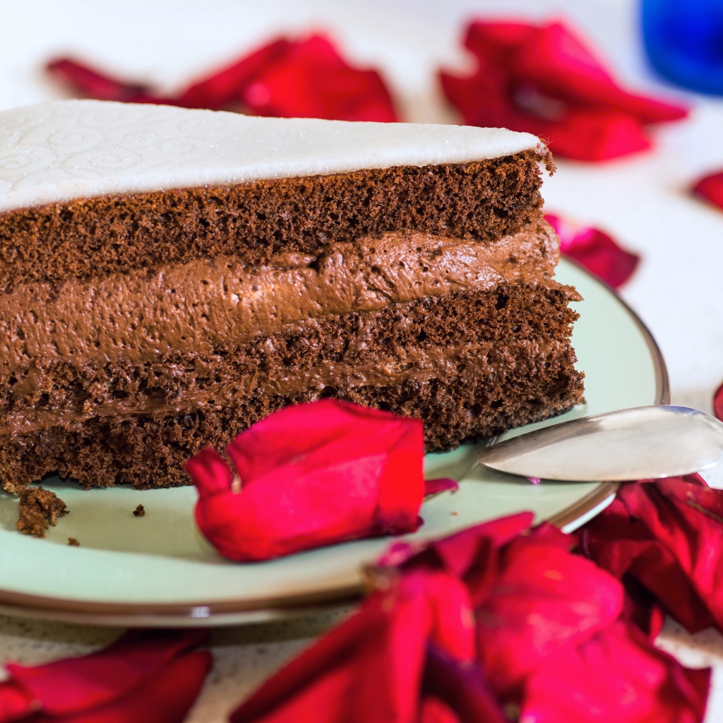 Кусок торта с шоколадным кремом и красными лепестками розы