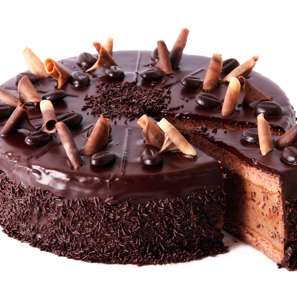 Большой шоколадный торт на белом фоне