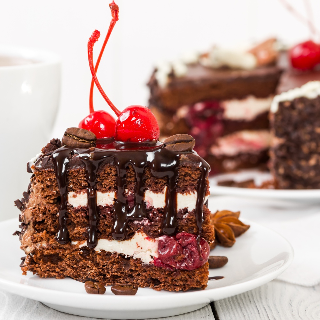 Вкусный кусок торта с шоколадом и вишнями