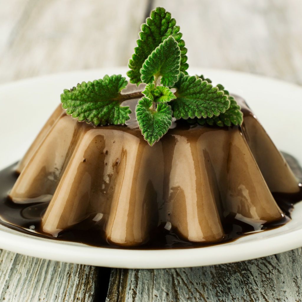 Десерт из желе на белой тарелке с шоколадом