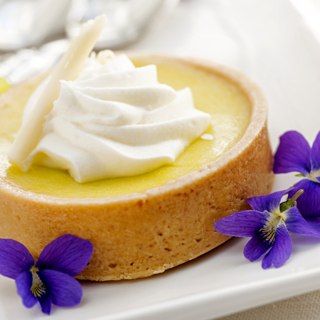 Десерт с кремом и фиолетовыми цветами на белой тарелке