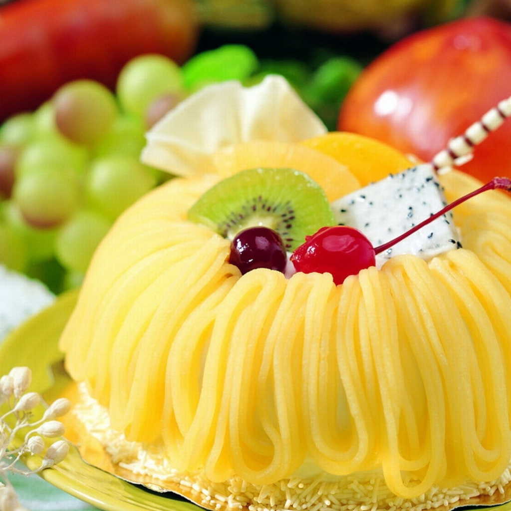 Сладкое пирожное с кремом, киви и вишней