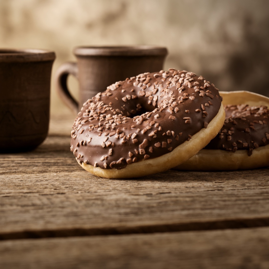 Сладкие круглые пончики с шоколадом на столе 