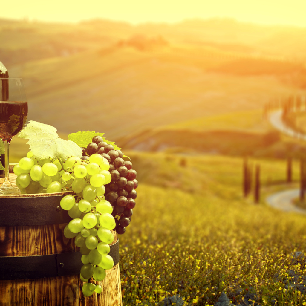 Два бокала с красным вином и свежий виноград на бочке 