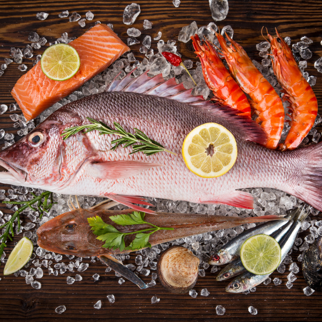 Свежая рыба с креветками и кусочками лимона лежит на кусочках льда