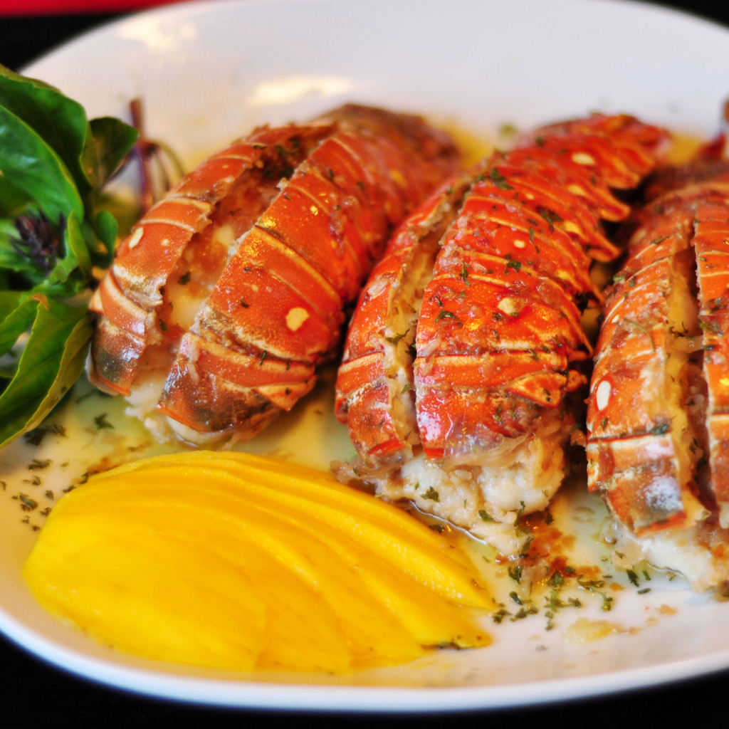 Омар с овощами на белой тарелке 