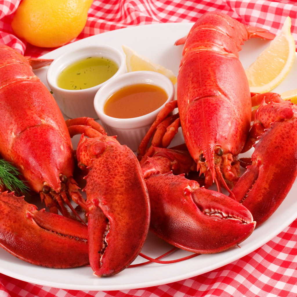 Два вареных омара на тарелке с соусом