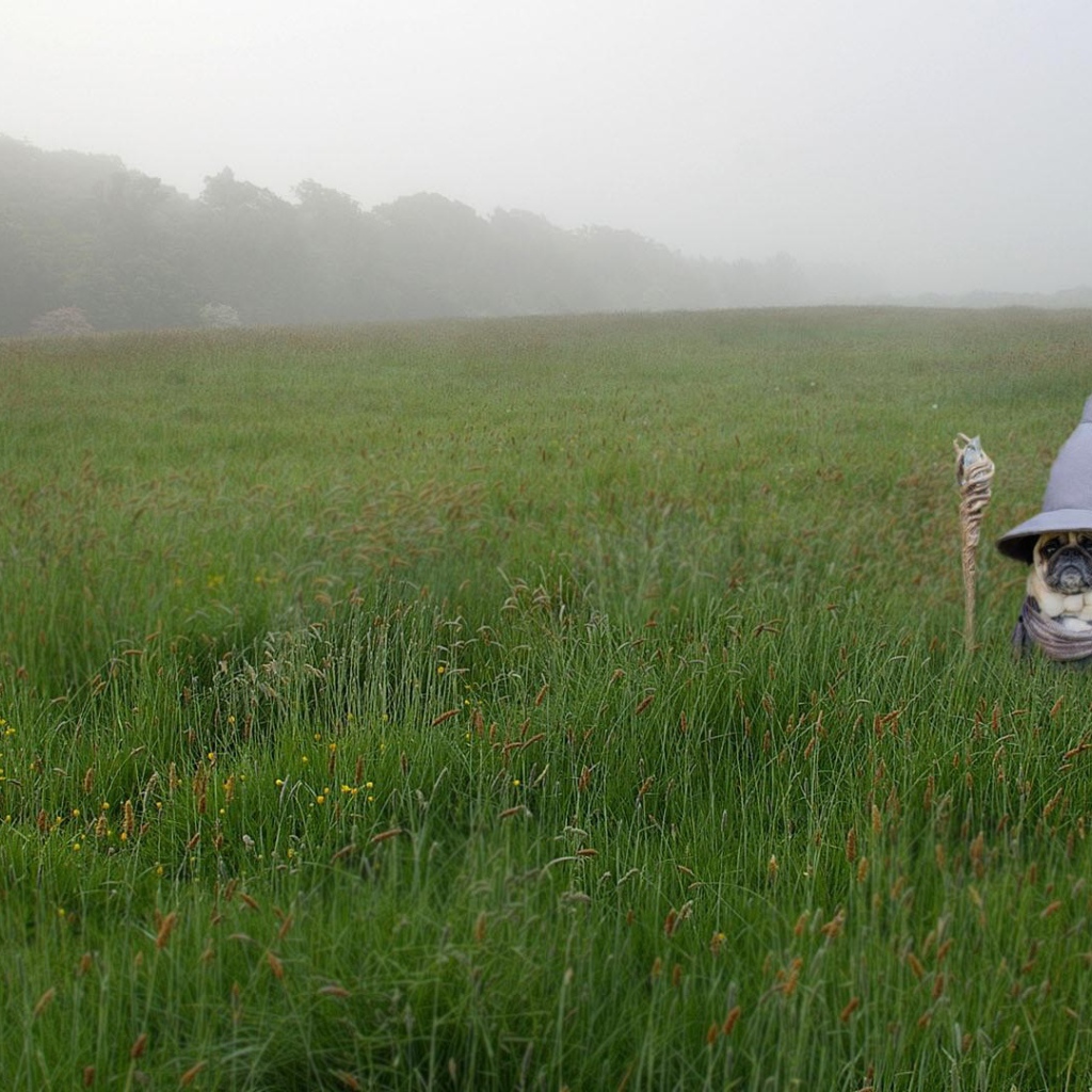 Pug in Gandalf costume in green grass
