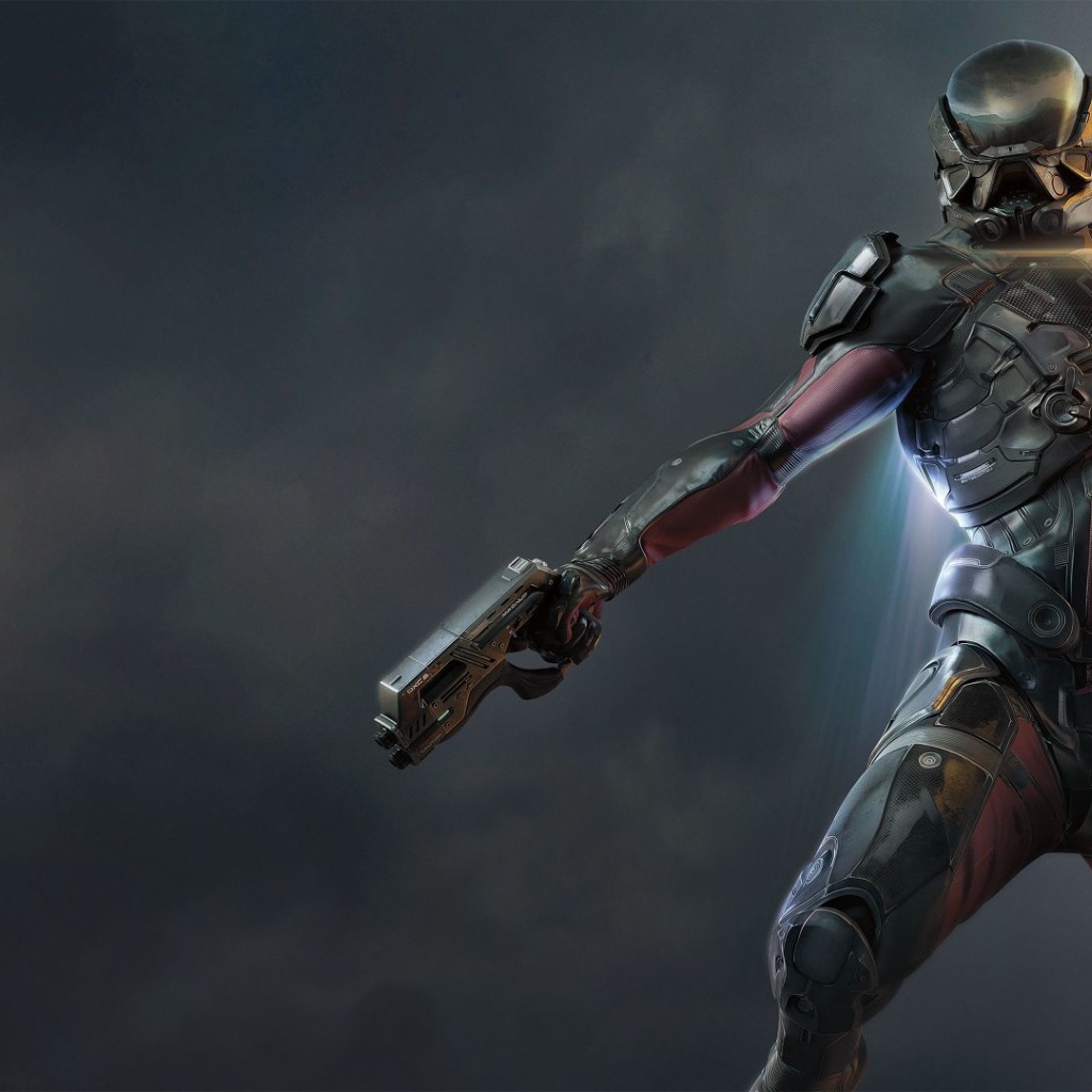 Персонаж игры Mass Effect Andromeda с оружием 