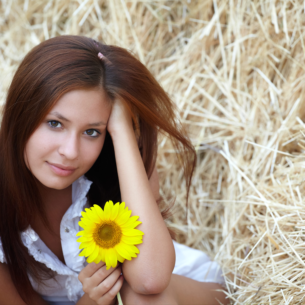 Милая девушка шатенка с цветком подсолнуха в руке
