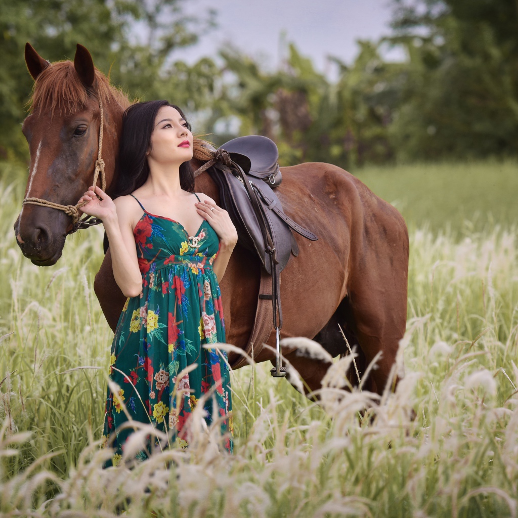 Красивая девушка азиатка с конем в поле