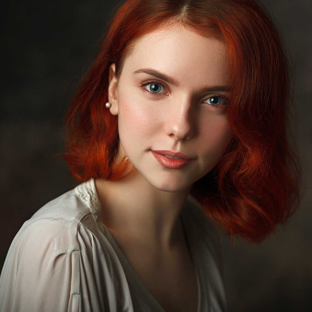 Красивая голубоглазая девушка с короткими рыжими волосами