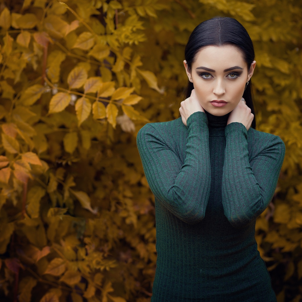 Красивая брюнетка позирует на фоне желтых листьев