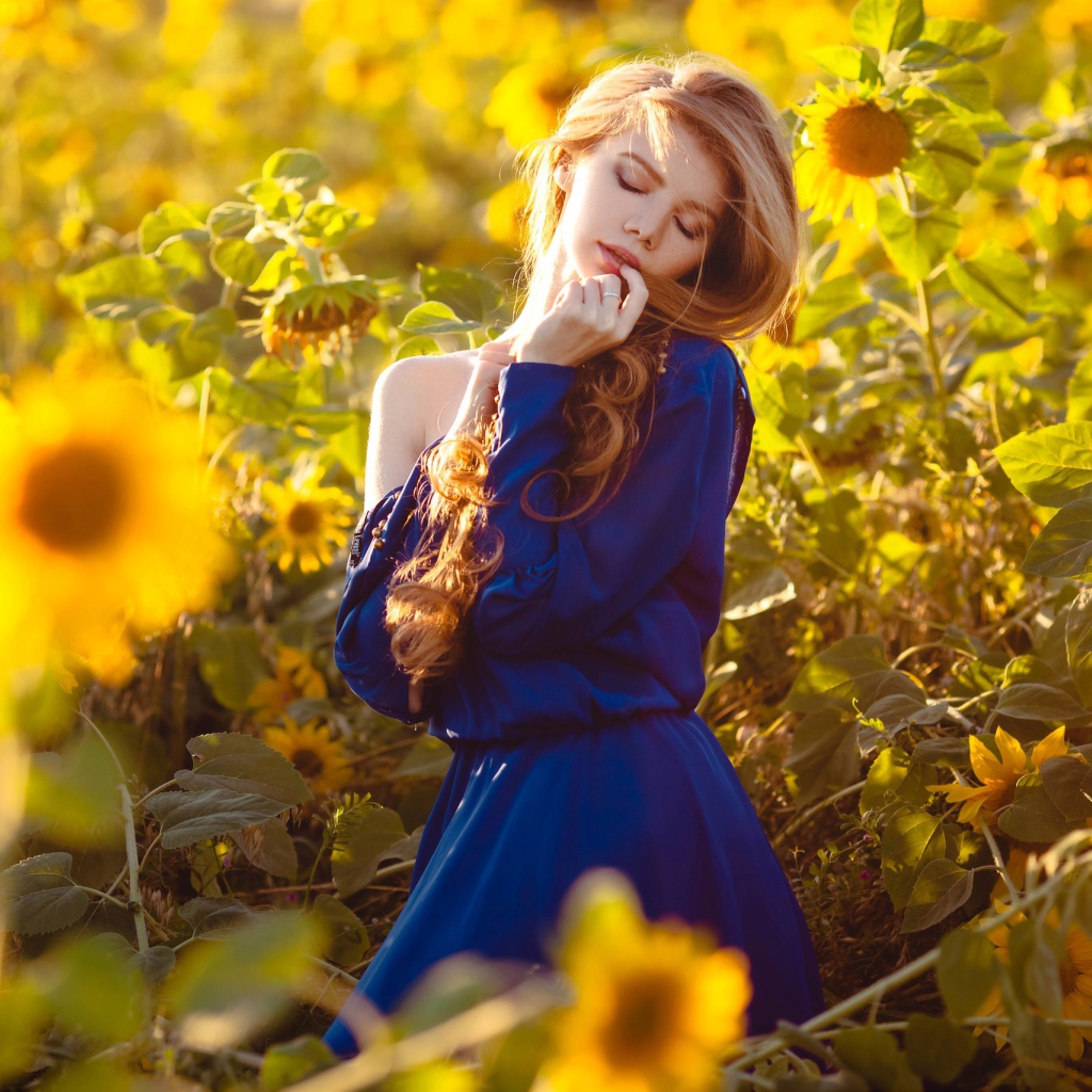 Красивая девушка в голубом платье в поле подсолнухов 