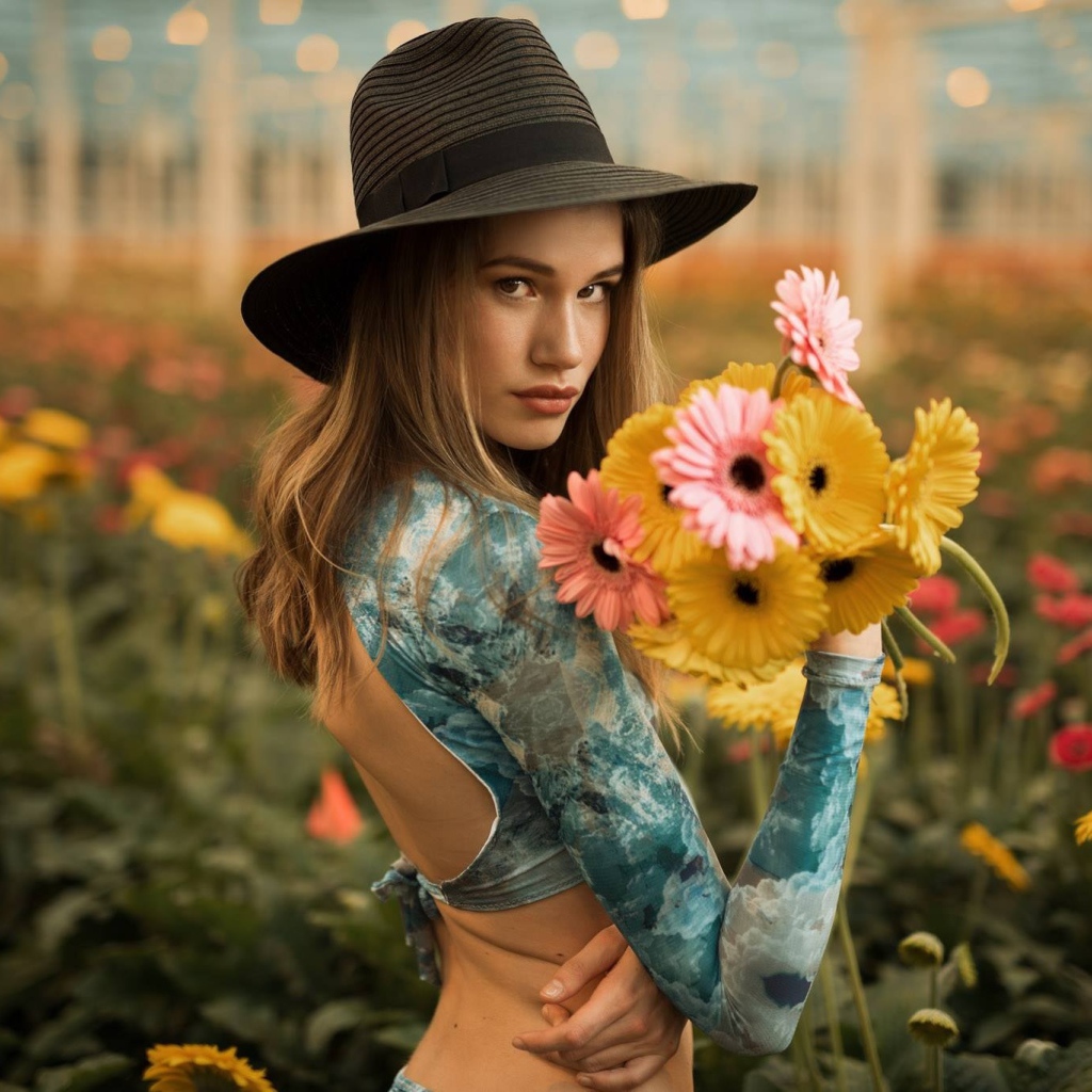 Молодая девушка с букетом гербер в руках 