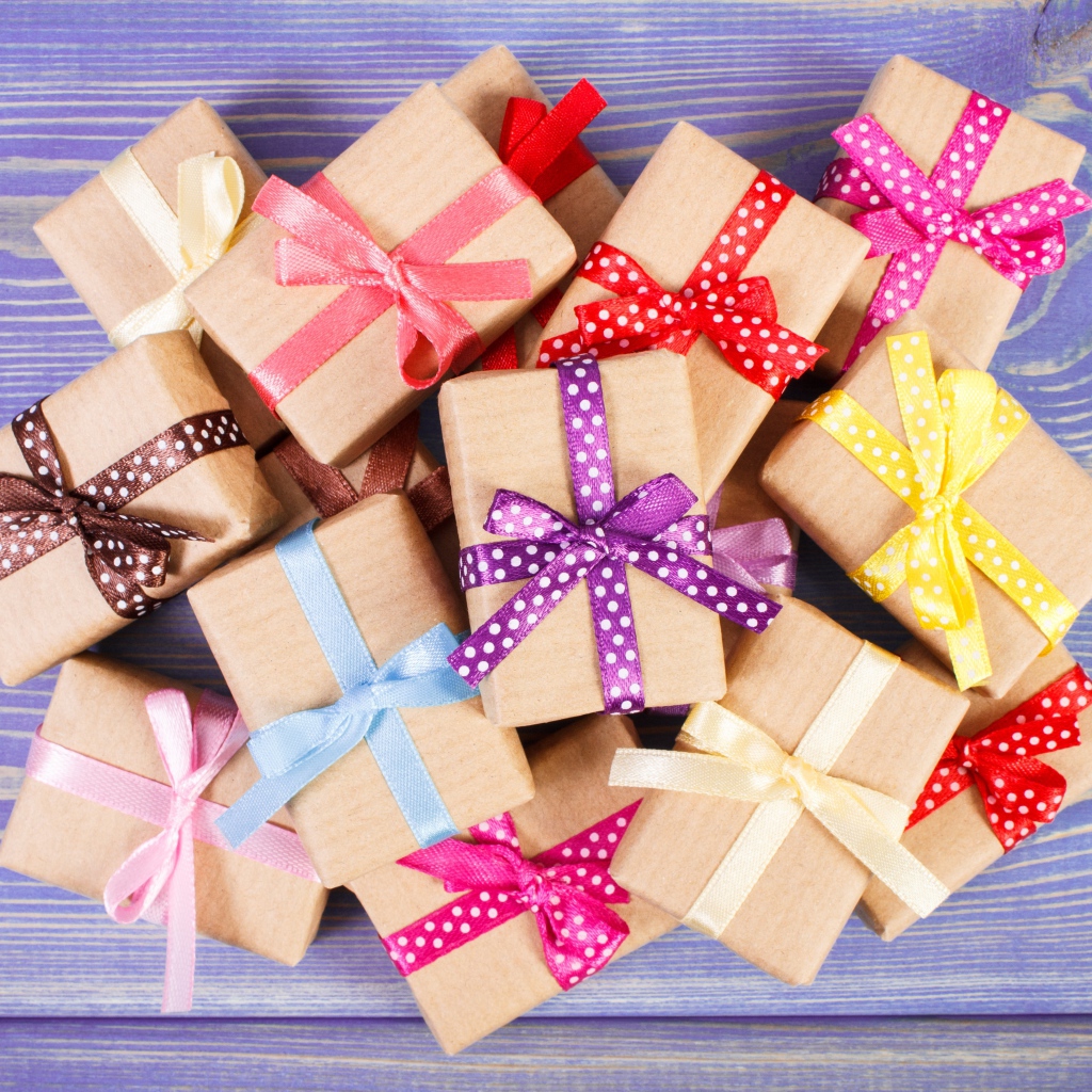 Gift boxes with multi-colored ribbons