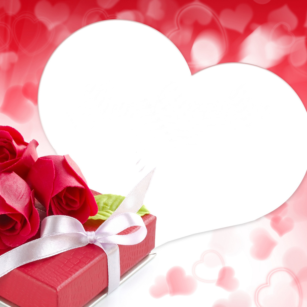 Большое белое сердце с розами и подарком, Шаблон поздравительной открытки на День Святого Валентина