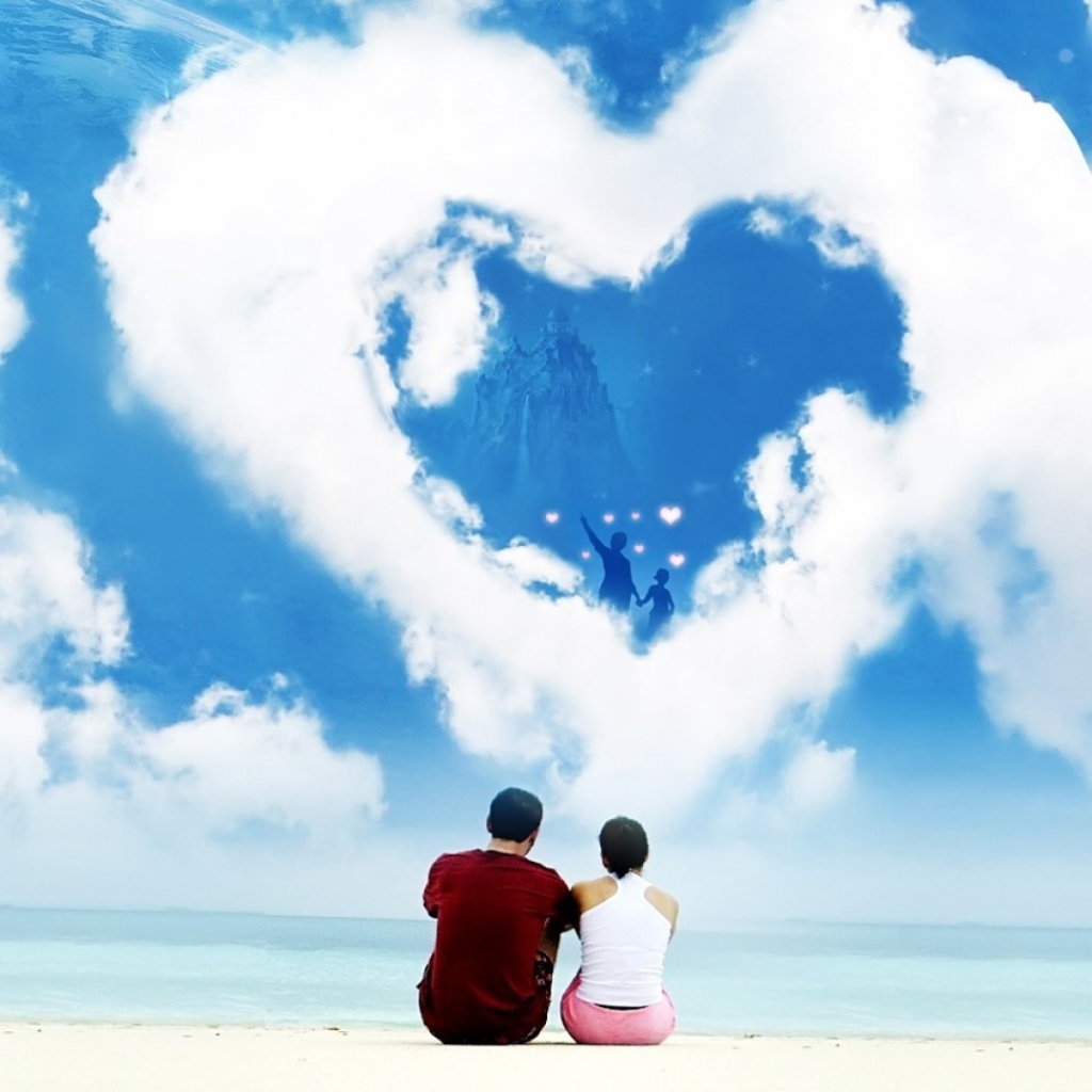 Lovers on the background of clouds in the shape of heart