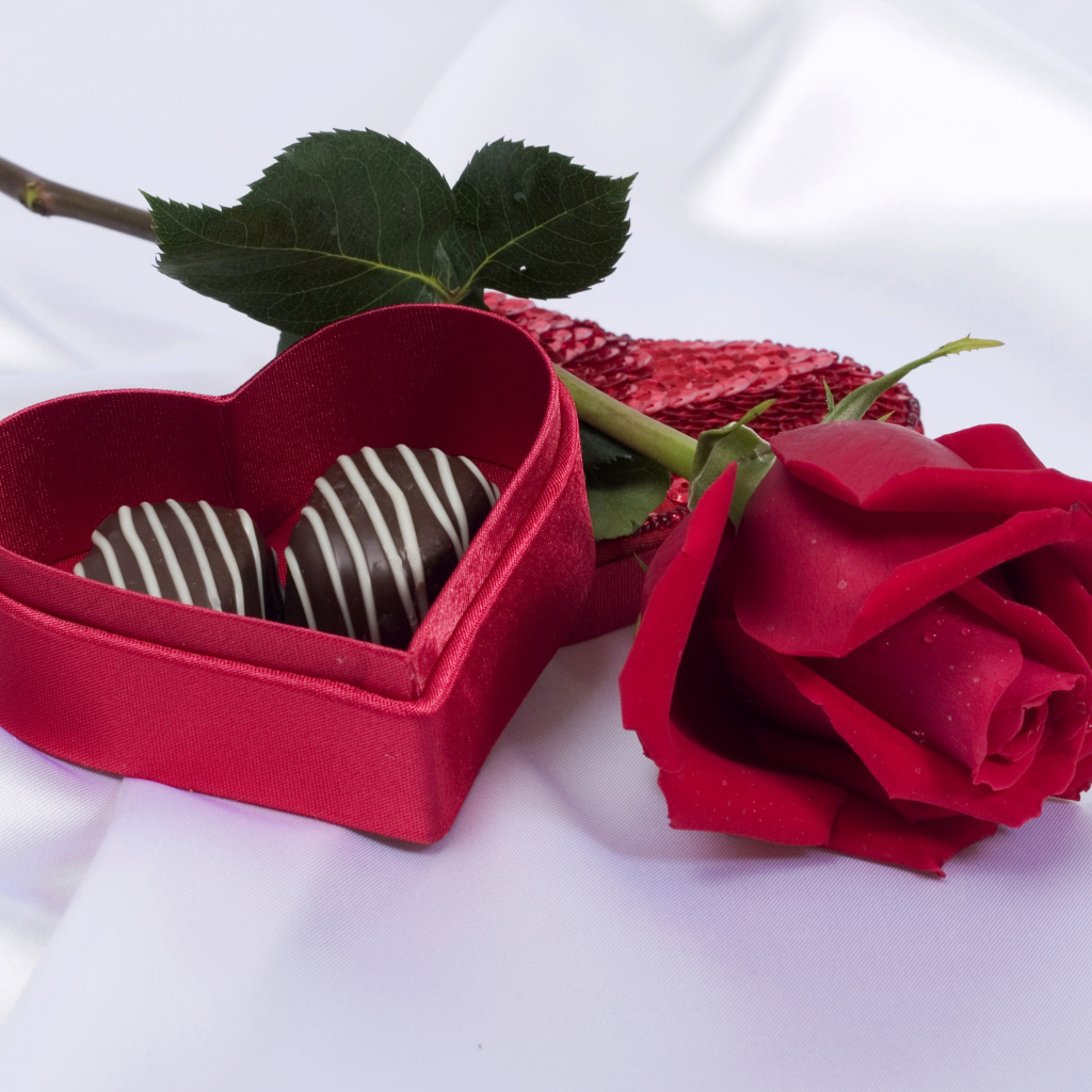 Красная коробка в форме сердца с красной розой в подарок на День Святого Валентина