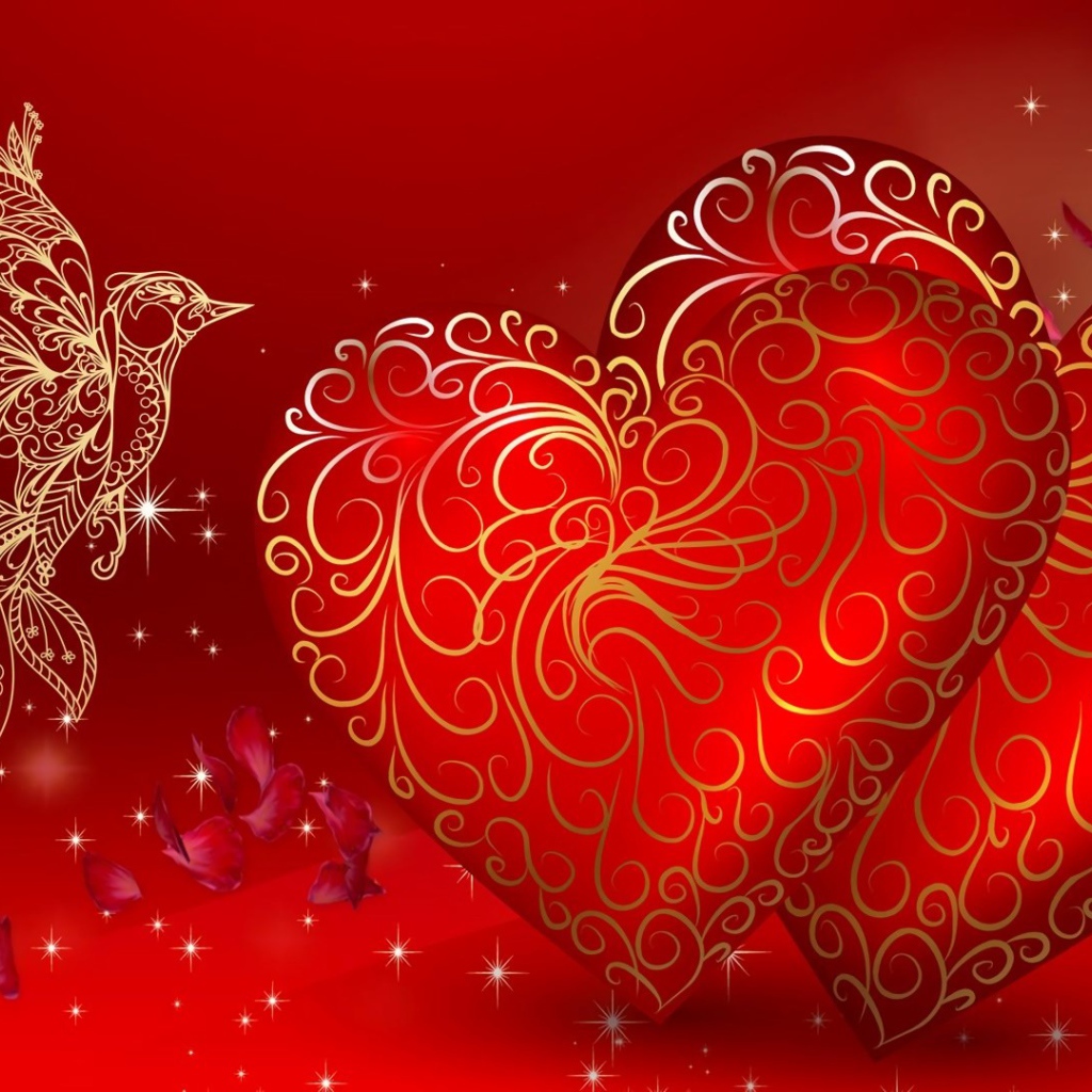 Два сердца и волшебная птица открытка на День Влюбленных 