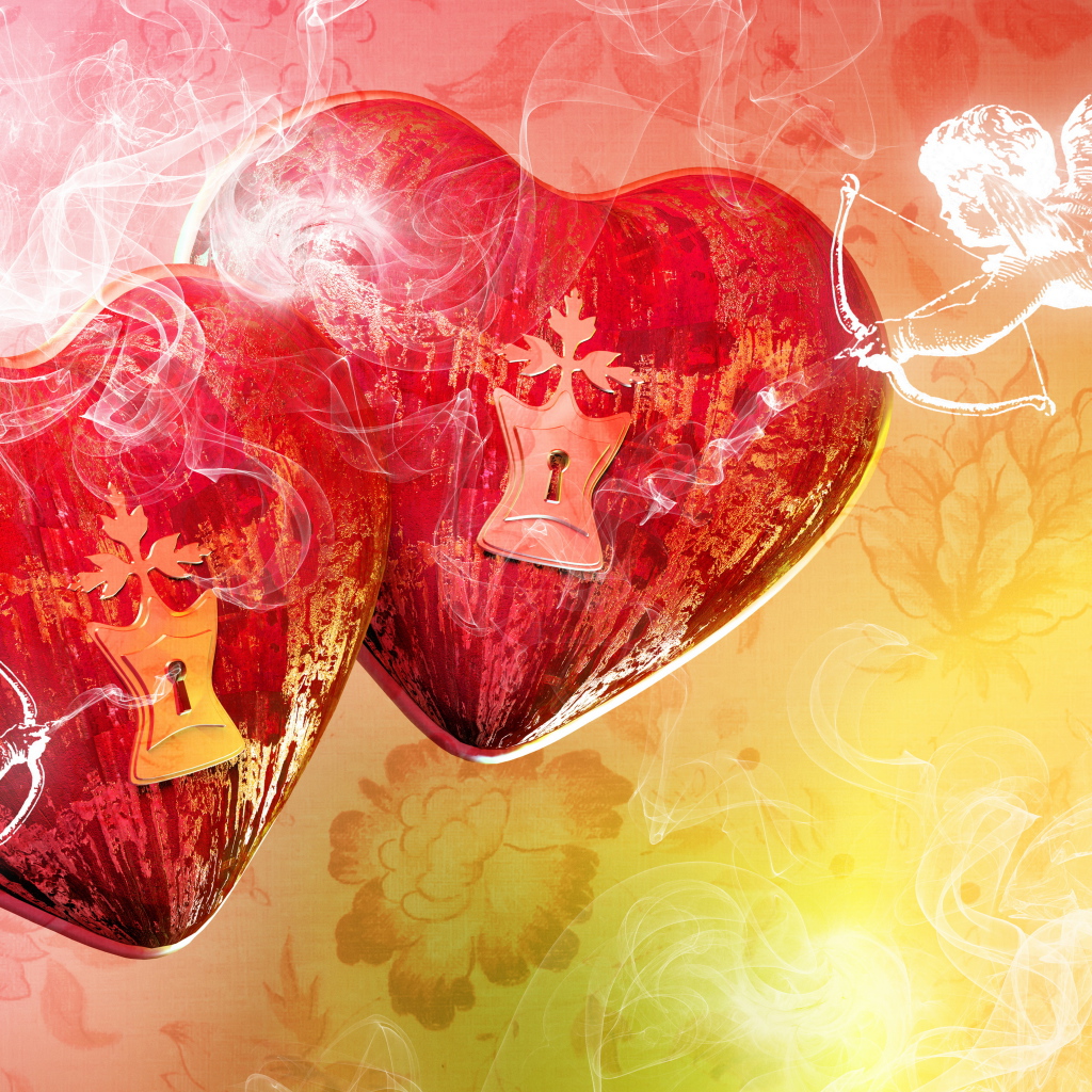 Два больших красных сердца с замочными скважинами и купидонами