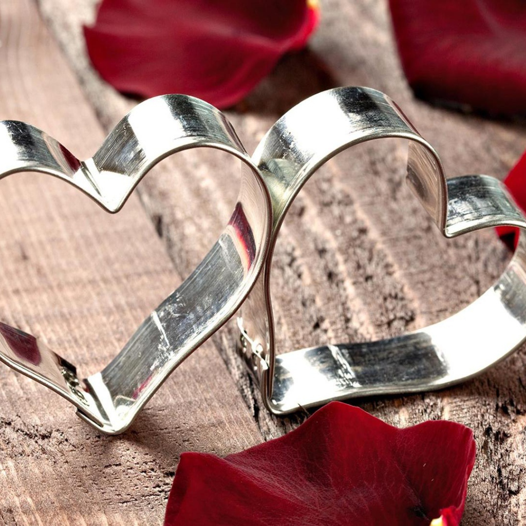 Два серебряных сердца в лепестках красной розы 