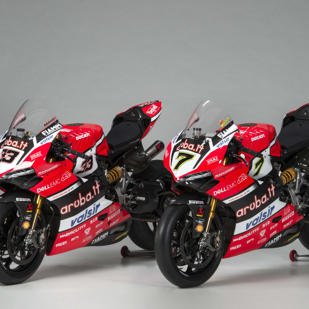 Два мотоцикла Ducati  Panigale R Superbike, 2017 на сером фоне