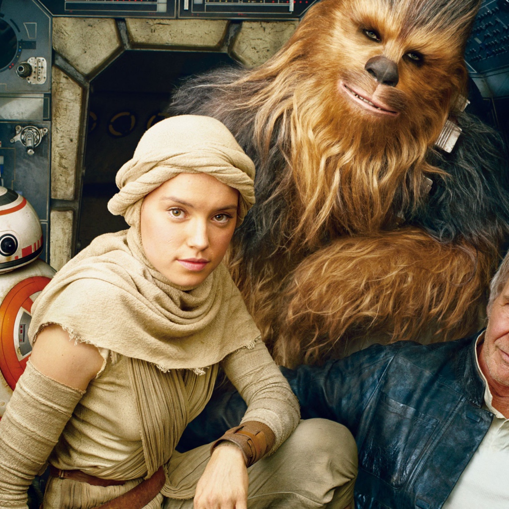 BB-8, Чубакка, Хан Соло, Рей, Финн персонажи фильма Звёздные войны. Эпизод VII Пробуждение Силы 