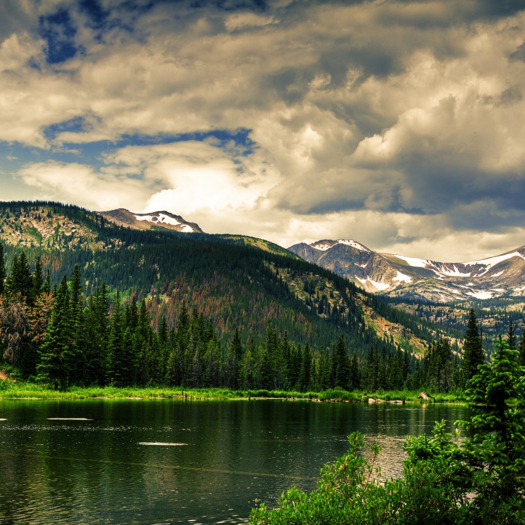 Чистое горное озеро на фоне покрытых лесом гор под облачным небом