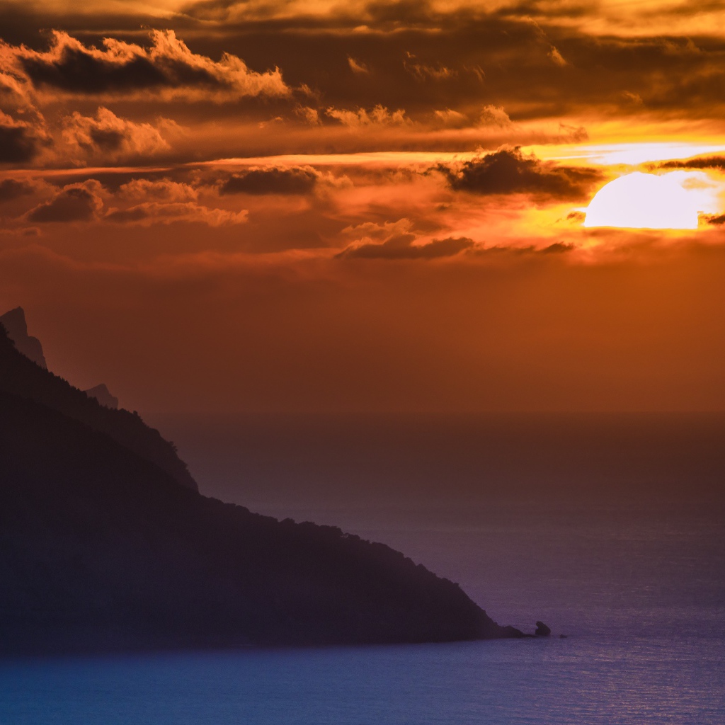 Туманный закат солнца над океанской гладью 