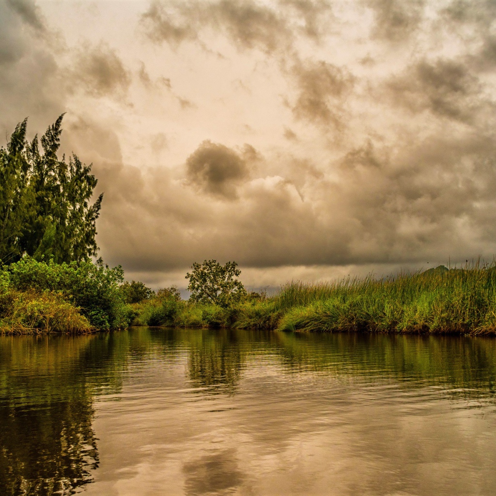 Облака над озером с покрыми зеленой травой берегами