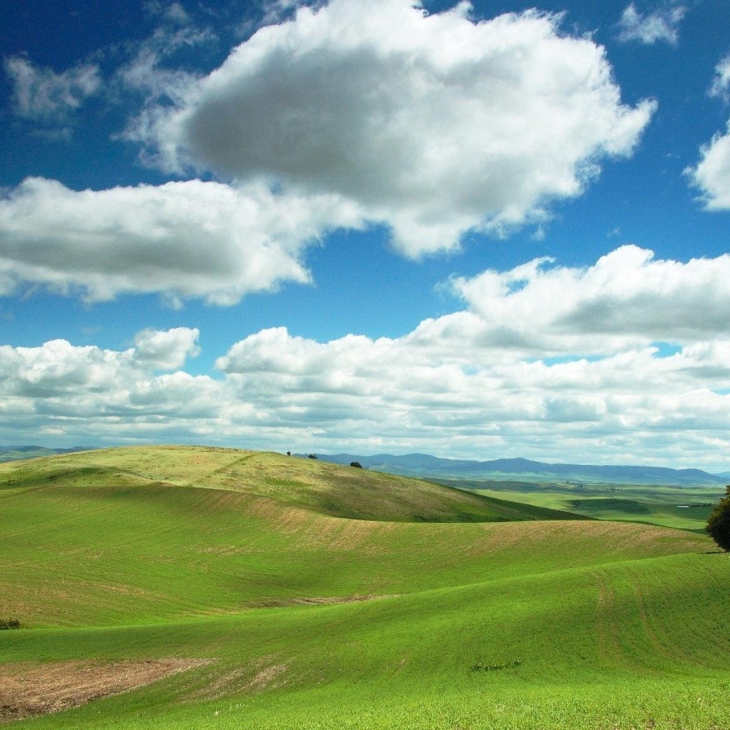 Белые облака в голубом небе над зеленой равниной
