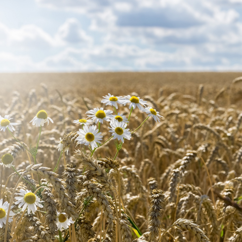 Ромашки растут на поле желтой пшеницы