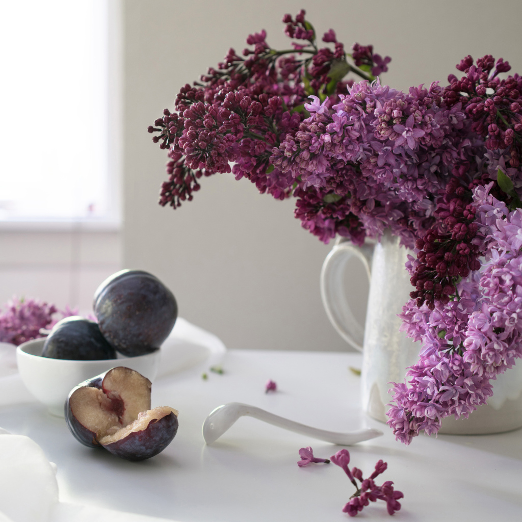Красивый букет сирени в белой вазе на столе со сливами