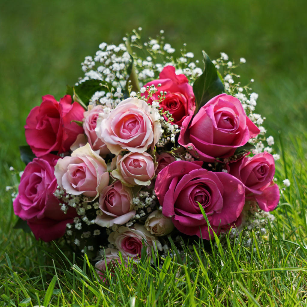 Букет роз лежит на зеленой траве