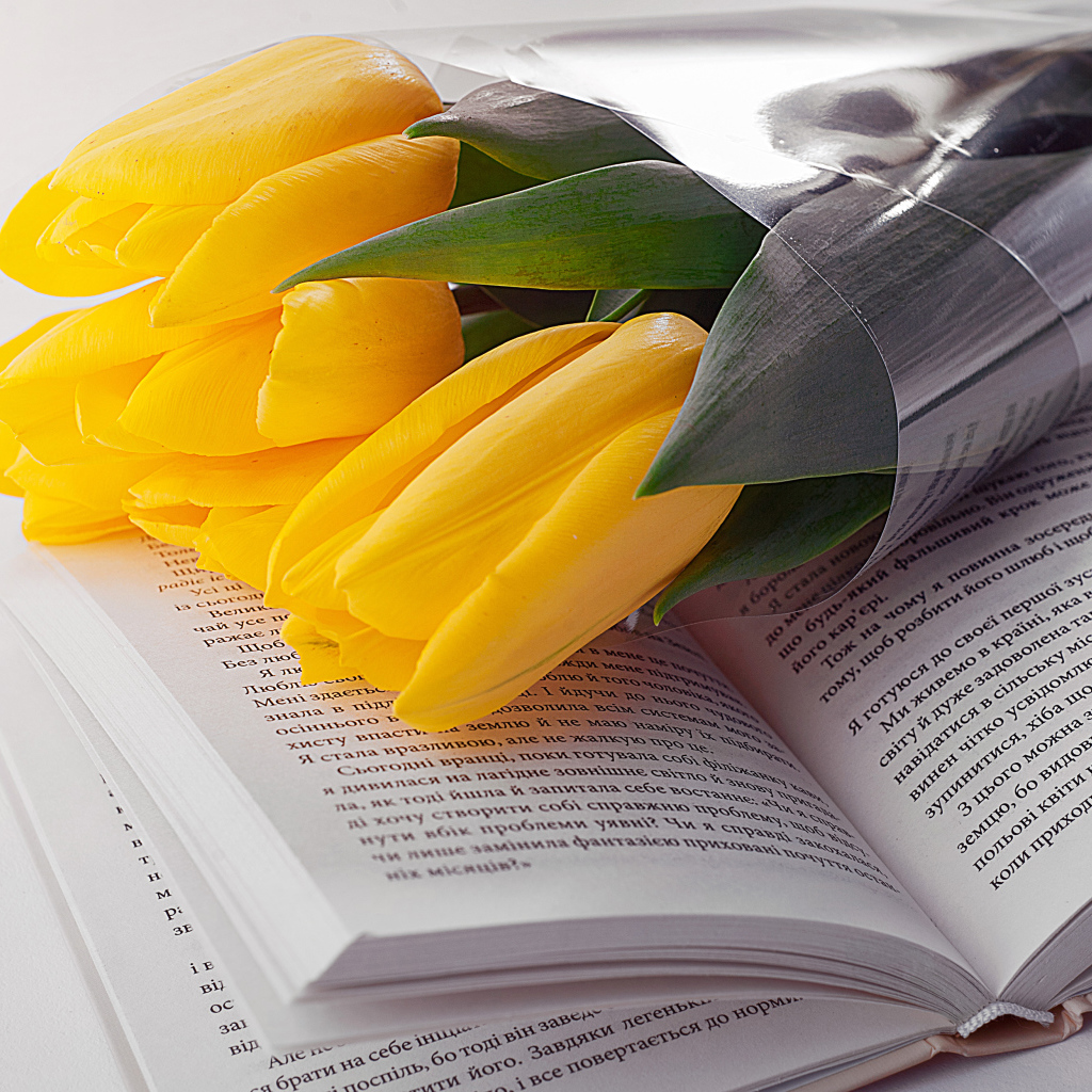 Букет желтых тюльпанов лежит на открытой книге