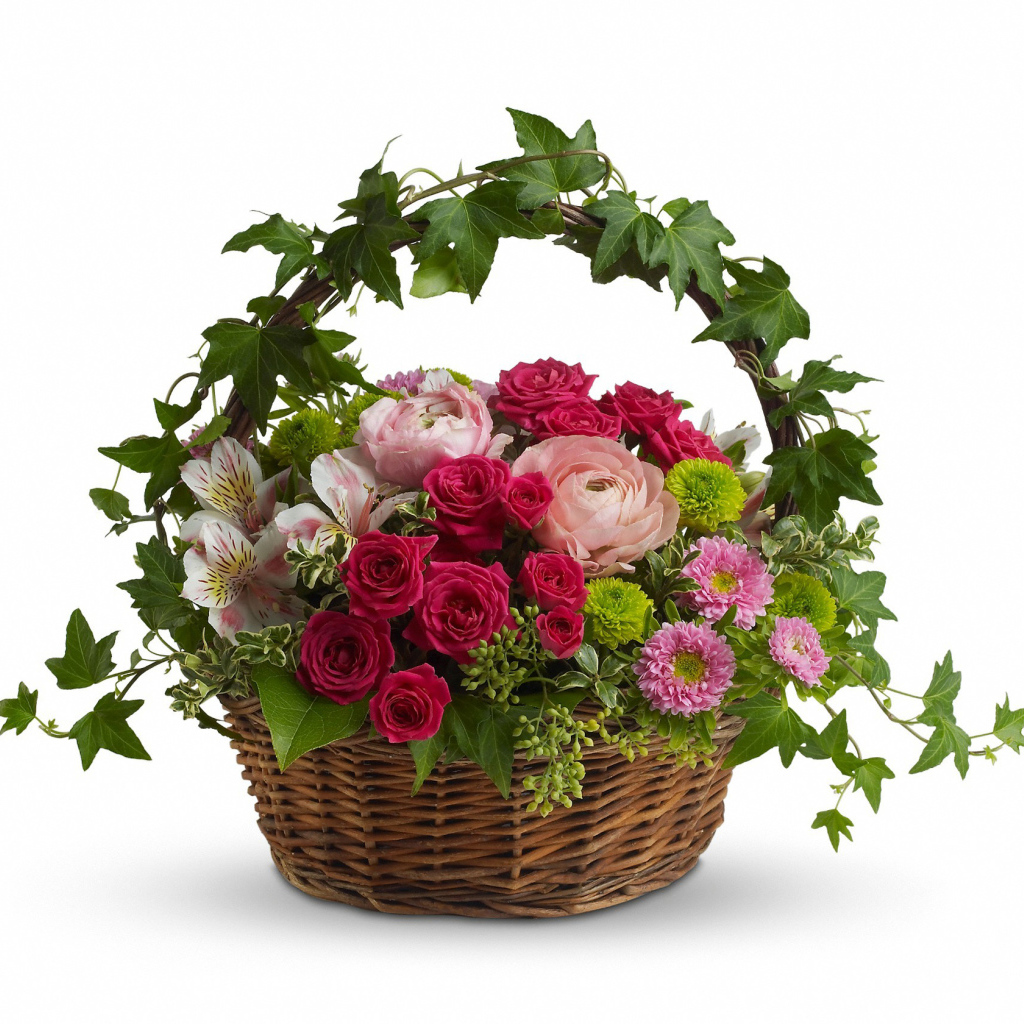 Корзина со свежими цветами на белом фоне