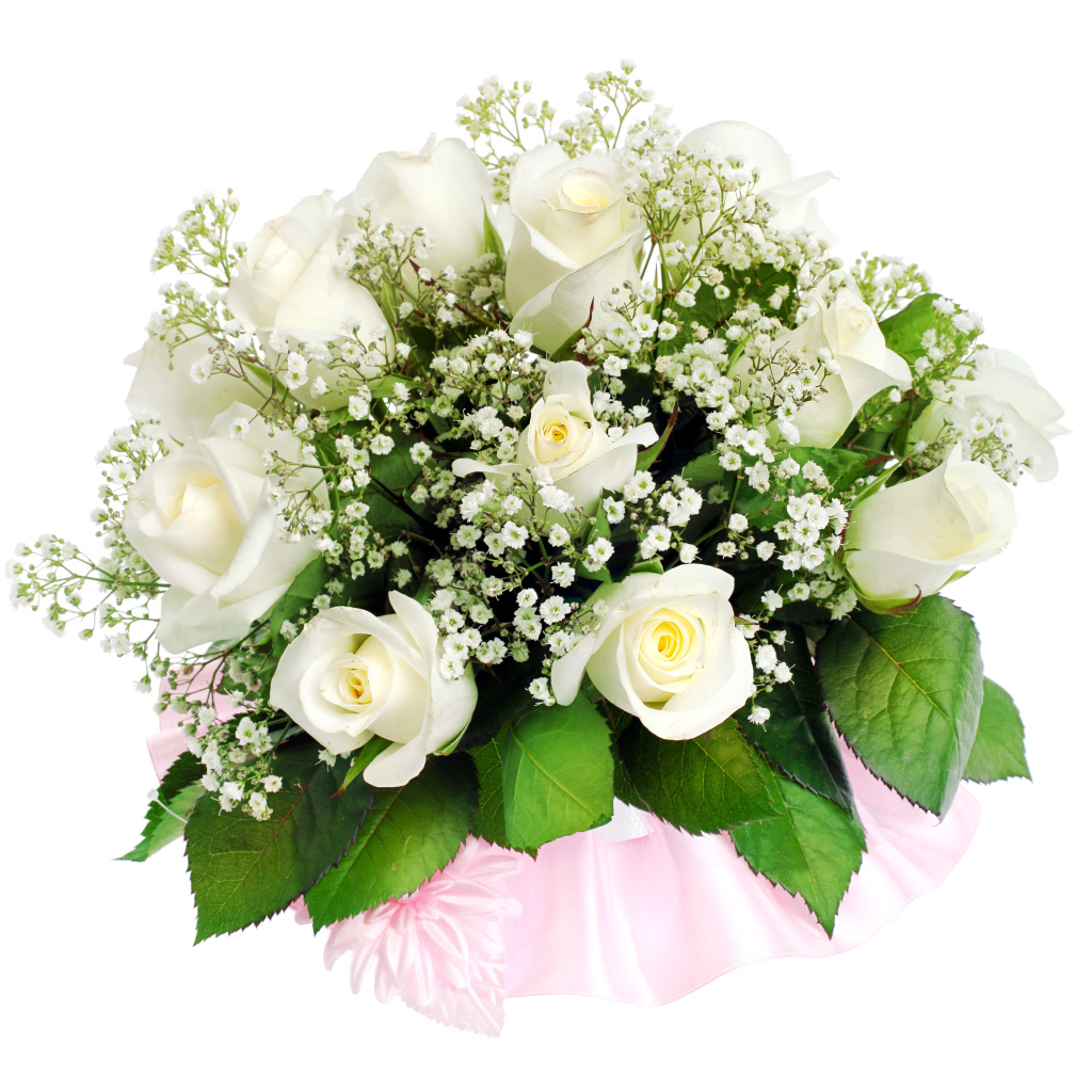 Красивый нежный букет  роз с мелкими белыми цветами