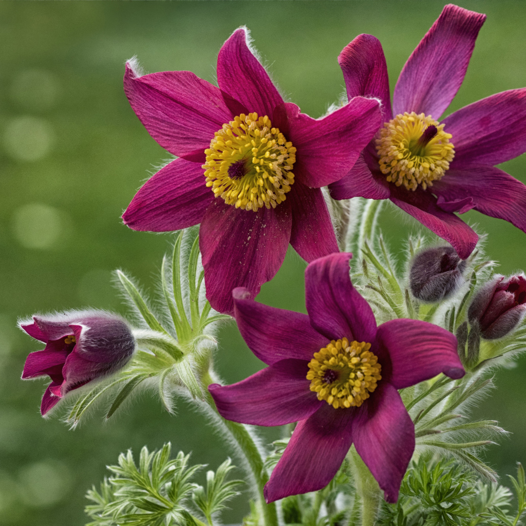 Красивые фиолетовые цветы прострел альпийский крупным планом