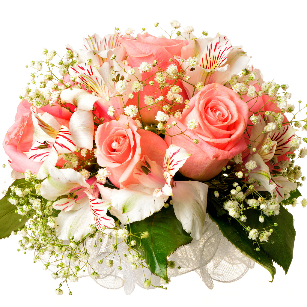 Букет из розовых роз с цветами альстрёмерия на белом фоне