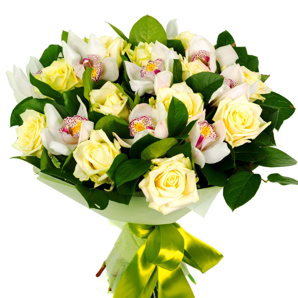 Букет белых роз и белых орхидей на белом фоне