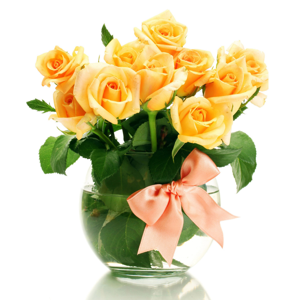 Букет желтых роз с розовой лентой на белом фоне